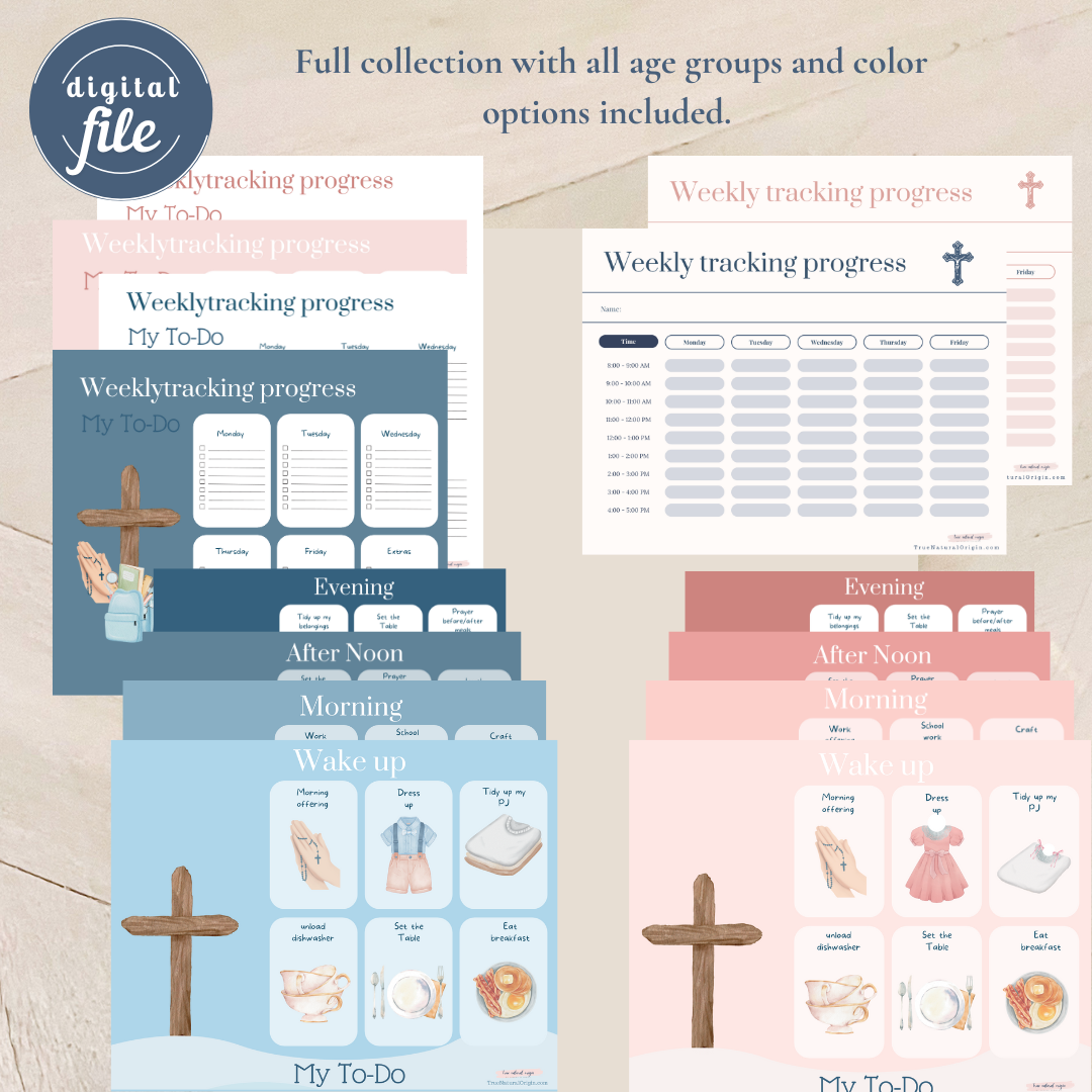 Reusable Kids’ Weekly Progress Tracker with Faithful Focus - from toddlers to high schoolers